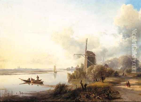 A Dutch canal on a summer evening Oil Painting - Lodewijk Johannes Kleijn