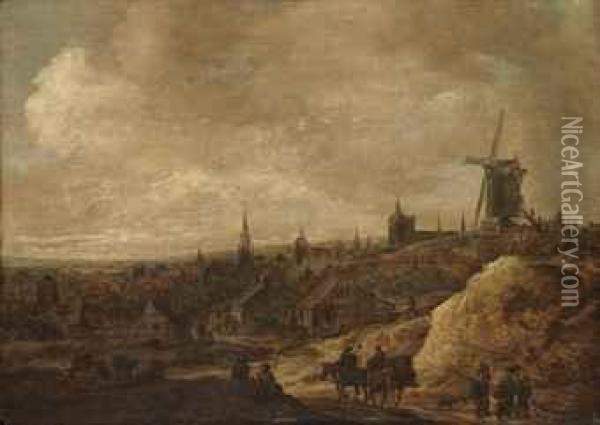 A Village Landscape With A Windmill, Peasants With A Horse Andcarriage On A Track Oil Painting - Jan van Goyen