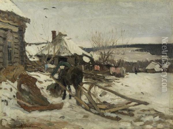 Horse-drawn Sled In The Winter Oil Painting - Isaak Il Ich Levitan