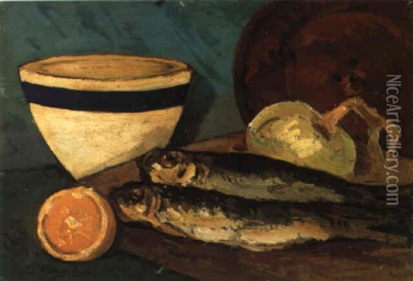 Natura Morta Con Aringhe, Limoni E Tazza Oil Painting - Giovanni Bartolena