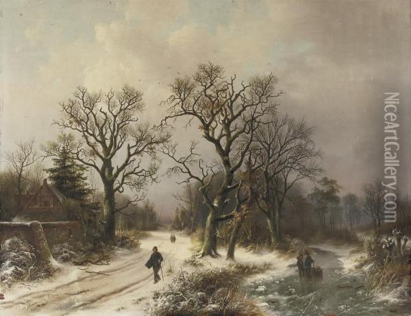 On A Snowy Track In Winter Oil Painting - Alexander Joseph Daiwaille