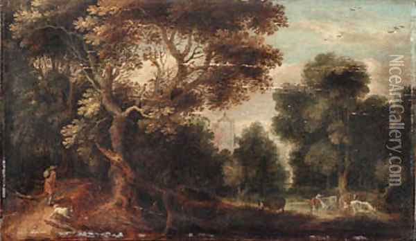 A wooded river landscape with a traveller and a dog on a path, cattle watering and figures resting, a church beyond Oil Painting - Gillis Claesz. De Hondecoeter