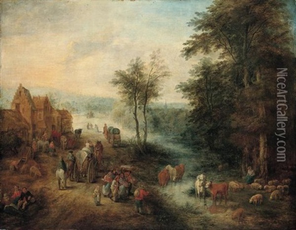 A Village Scene With Waggoners On A Road And Boors Watering Their Cattle In A River Oil Painting - Andreas Martin