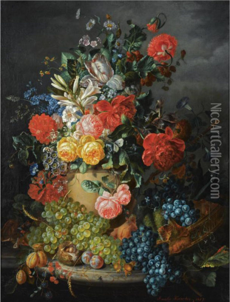 A Flower Still Life With Grapes Oil Painting - Kaercher Amalie