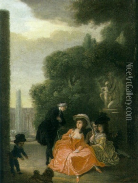 Elegant Figures Gathered In A Garden By A Statue Oil Painting - Nicolas Lancret