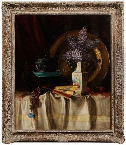 Asian-themed Stilllife With Lilacs Oil Painting - Catharine Ann Drinker Janvier