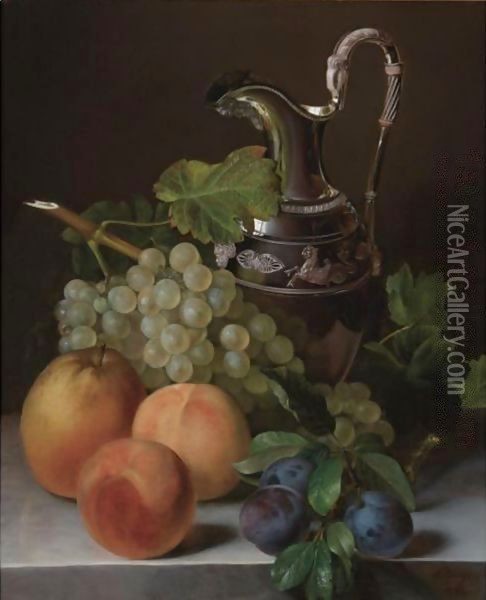 Still Life Of Peaches, Plums, A Bunch Of Grapes And An Empire Silver Water Pitcher All Resting On A Ledge Oil Painting - Francois Lepage