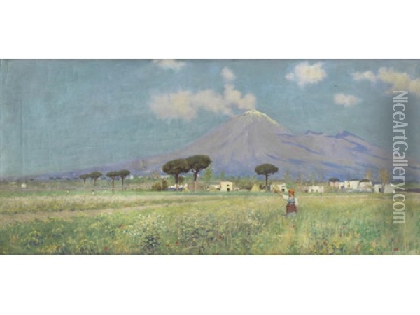 A Summer Meadow, Vesuvius In The Distance Oil Painting - Horace Fisher