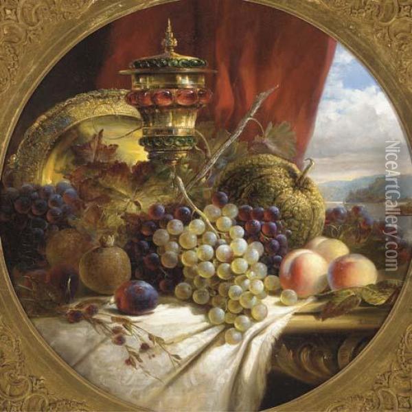 Grapes, Peaches, Pomegranates, A Gourd And A Plum Oil Painting - William Stuart