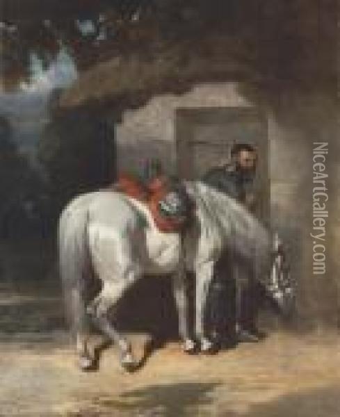 A Knight Seeking Shelter Oil Painting - Alfred De Dreux
