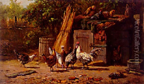 Poultry In A Sunlit Yard Oil Painting - Simon Van Den Berg