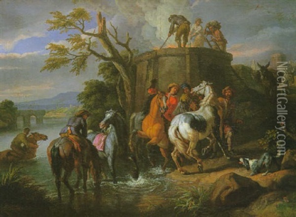 La Halte Des Cavaliers Pres Du Fourneau Oil Painting - Pieter van Bloemen