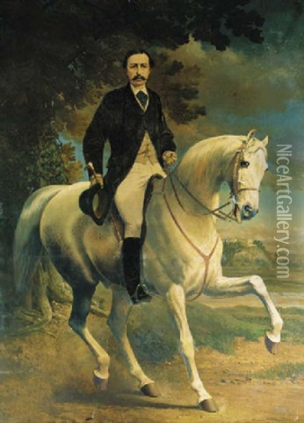 Portrait Of Henry Robert Clifton, On A Grey Horse, In A Landscape, With Clifton Castle, Nottinghamshire, Beyond Oil Painting - Alfred F. De Prades