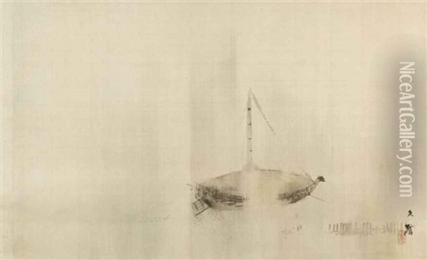Hanging Scroll, Ink On Silk, Of A Boat In Rain Oil Painting - Shiokawa (Shion) Bunrin