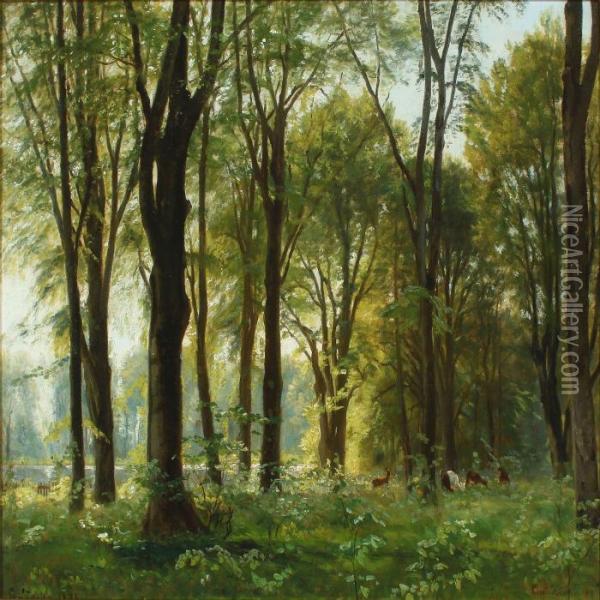 Spring Forest With Deers And A Lake Oil Painting - Christian Zacho