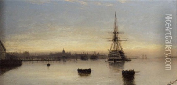 A Three-decker Lying At Anchor In The Harbour At Portsmouth, Sunrise Oil Painting - Isaac Walter Jenner