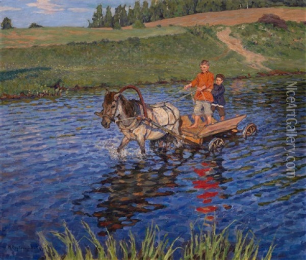 Crossing The River Oil Painting - Nikolai Petrovich Bogdanov-Bel'sky