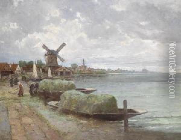 Landscape With Windmills Oil Painting - Konstantin Stoitzner