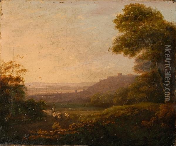 A Shepherd And His Flock In An Italian Landscape Oil Painting - Richard Wilson