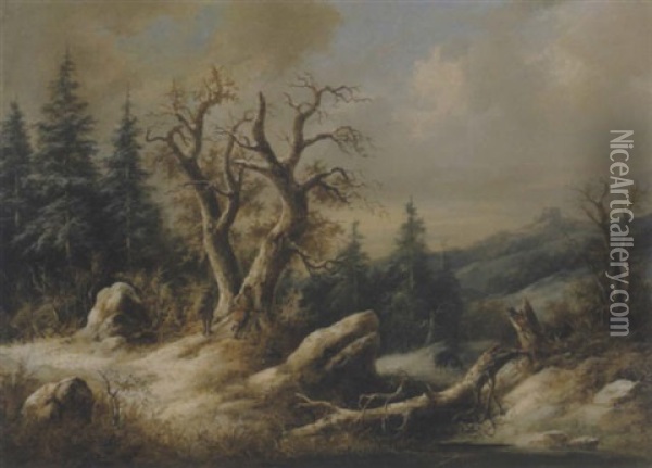 Jager Stellen Wildschweine In Winterlandschaft Oil Painting - Eduard Boehm