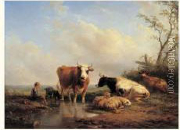 Vaches Et Moutons Dans Un Paysage Oil Painting - Helmert Richard Van Der Flier