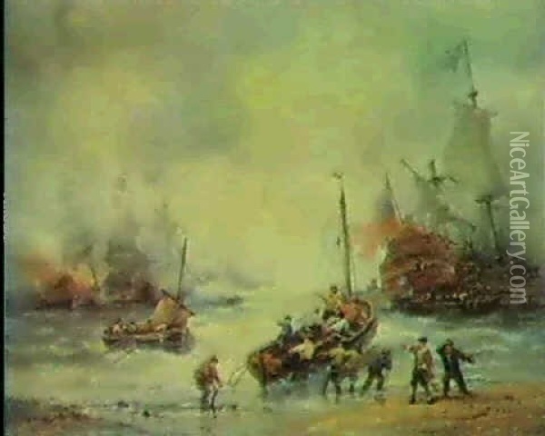 Battleships By The Shore Oil Painting - Francois-Etienne Musin