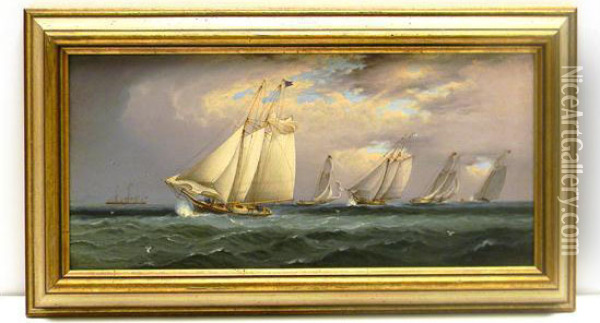 Scene Depicting A Yacht Race With Steamship In Left Background Oil Painting - James E. Buttersworth