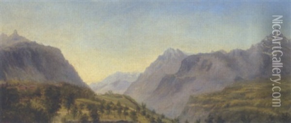 Alpelandskab I Solnedgangslys Oil Painting - August Wilhelm Boesen