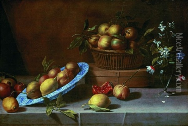 Nature Morte Aux Plat De Citrons, Panier De Bigarades Et Vase De Fleurs Sur Un Entablement Oil Painting - Jean-Michel Picart