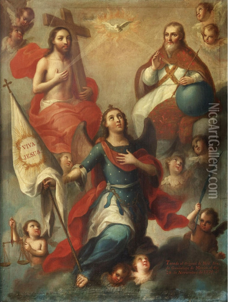 La Santisima Trinidad Y San Miguel Arcangel Oil Painting - Jose De Paez