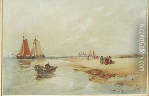 Katwijk Sands fisherfolk on the beach at Katwijk Oil Painting - Thomas Bush Hardy