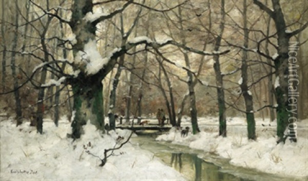 Winterliche Parklandschaft Mit Jagern Und Hunden Oil Painting - Karl Schultze