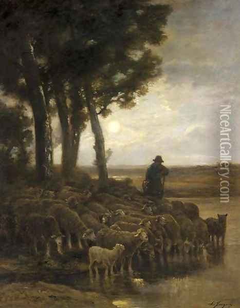 A Shepherd and his Flock in a Moonlight Landscape Oil Painting - Charles Emile Jacque