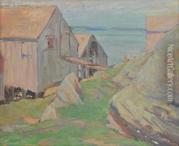 Landscape With Barns, Water In The Distance Oil Painting - Wilbur L. Oakes