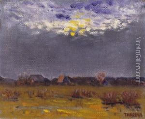 Landscape With Moon Behind Clouds Oil Painting - Janos Thorma