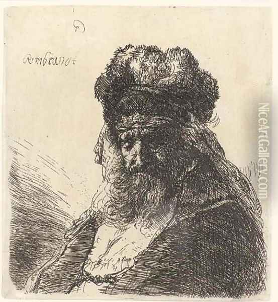 An old bearded Man in a high Fur Cap, with Eyes closed Oil Painting - Rembrandt Van Rijn