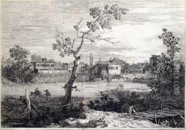 View Of A Town On A River Bank (bromberg 9) Oil Painting - (Giovanni Antonio Canal) Canaletto