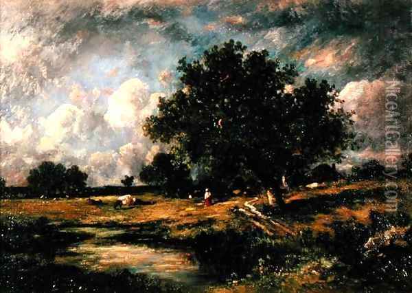 Landscape with cows and figures Oil Painting - Leon Victor Dupre