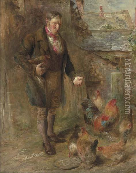 Self Portrait Of The Artist With His Chickens Oil Painting - William Huggins