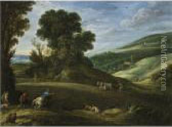 An Extensive Landscape With Hunters Crossing A Field Beingploughed Oil Painting - Paul Bril