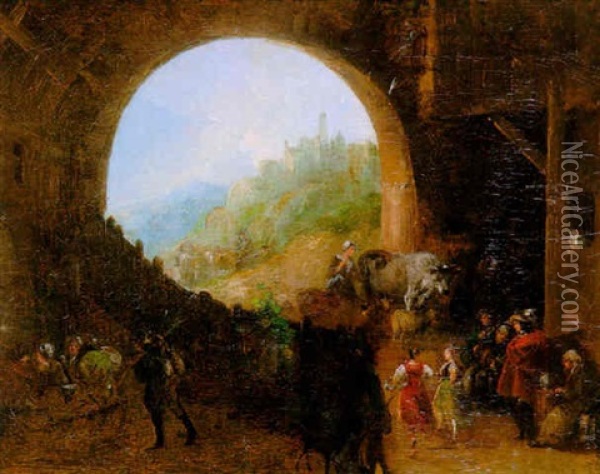 Paysans Et Leur Troupeau Se Reposant Sous Une Arcade Oil Painting - Giuseppe Bernardino Bison