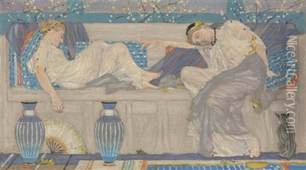Two Female Figures Reclining On A Sofa Oil Painting - Albert Joseph Moore