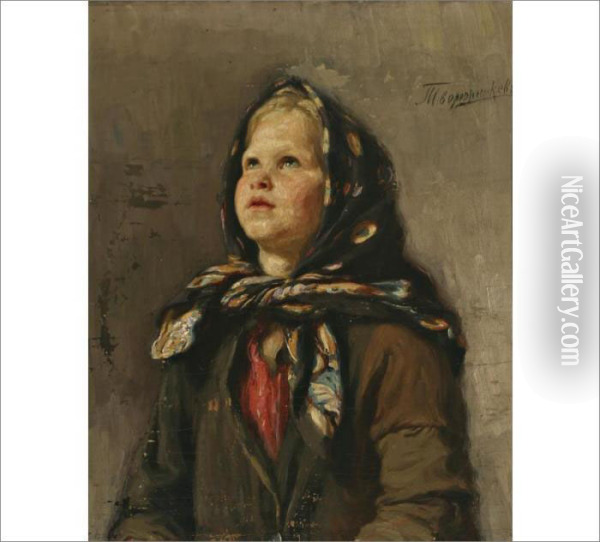 A Girl With Scarf Oil Painting - Ivan Ivanovich Tvorozhnikov