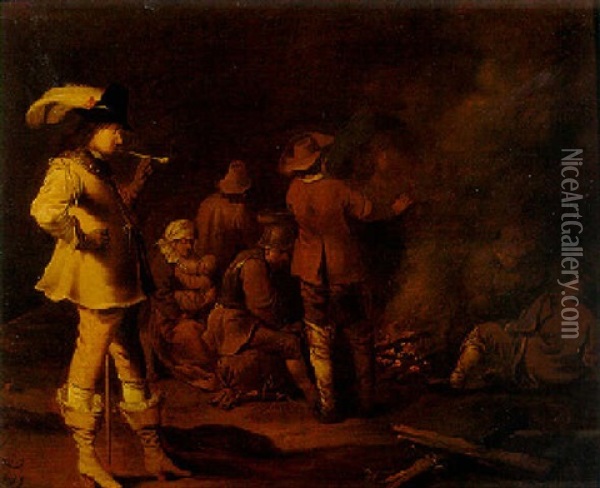 Soldiers And A Woman Around A Fire With A Bravo Smoking A Pipe Oil Painting - Pieter Jansz Quast