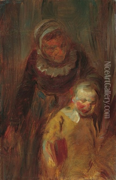 A Woman Grabbing A Boy By The Ear Oil Painting - Wilhelm Busch