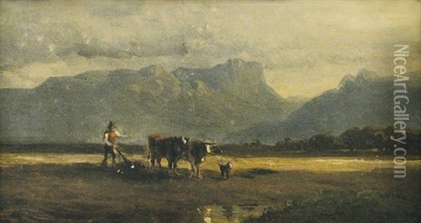 Pflugender Bauer In Voralpenlandschaft Oil Painting - Adolf Heinrich Lier