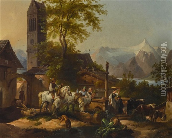Brunnen Von Zell Am See Oil Painting - Friedrich Gauermann