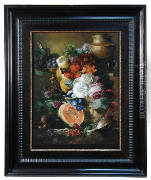 Still Life Of Grapes, A Peeled Lemon, Lilies And A Cut Melon In A Wicker Basket With A Bird Upon A Stone Ledge Surmounted By An Urn<br/>oil On Panel, In A Dutch Ripple Frame Oil Painting - Jan van Os