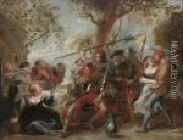 Don Quixote And Troops Of La Santa Hermandad Outside A Tavern Oil Painting - Peter Paul Rubens
