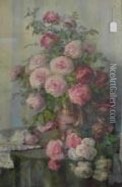 Vaso Di Rose Oil Painting - Luigi Serralunga